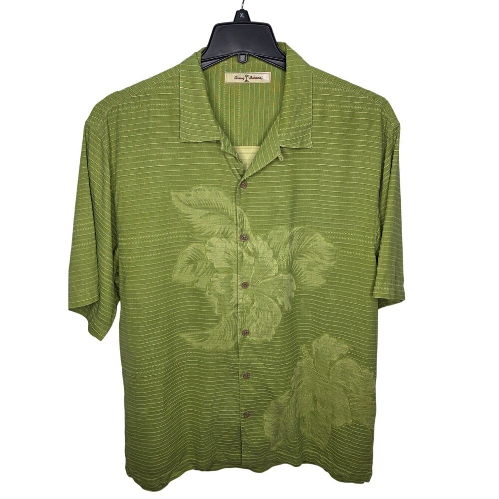 Tommy Bahama 100% Silk Camp Shirt Mens L Green Floral Hawaiian Aloha